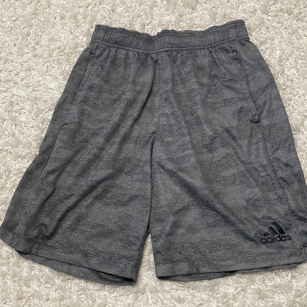 Mens adidas grey workout shorts with front pockets and drawstring waist